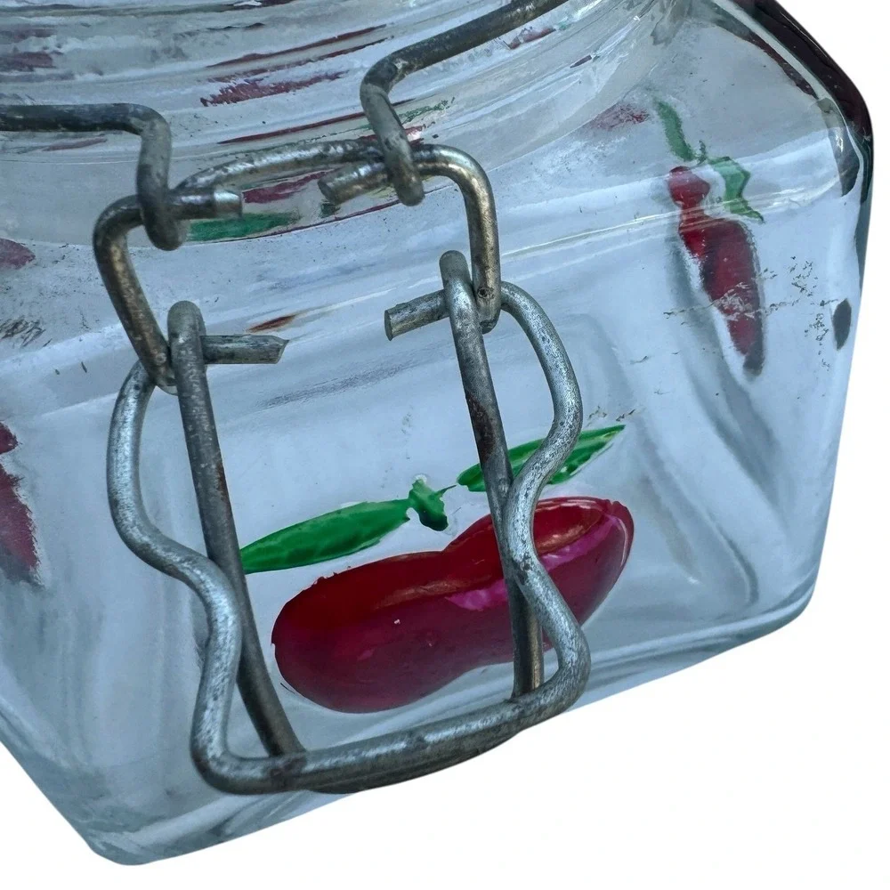 Red Apple Glass Canister Set of 3 Square Jars Vintage Locking Lids Farmhouse